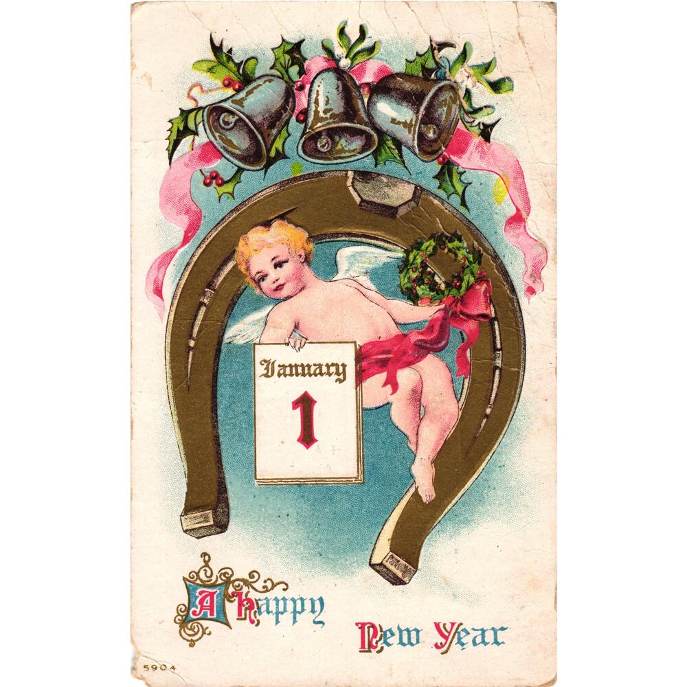 Happy New Year Postcard Antique January 1st‎ Horseshoe Cherub Bells Posted 1912
